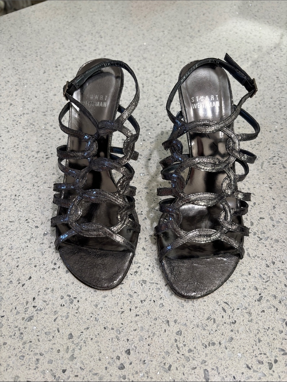 Stuart Weitzman Saturn Black Metallic Strappy Heels